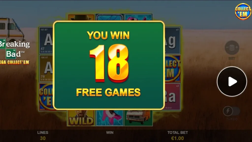 Breaking Bad Mega Collect’Em slot interface showing chemistry equipment and desert theme