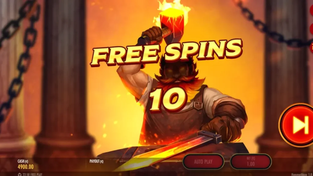 Tampilan visual slot Hammerblaze dengan latar belakang gunung berapi dan grid 7x7 yang sedang beraksi.